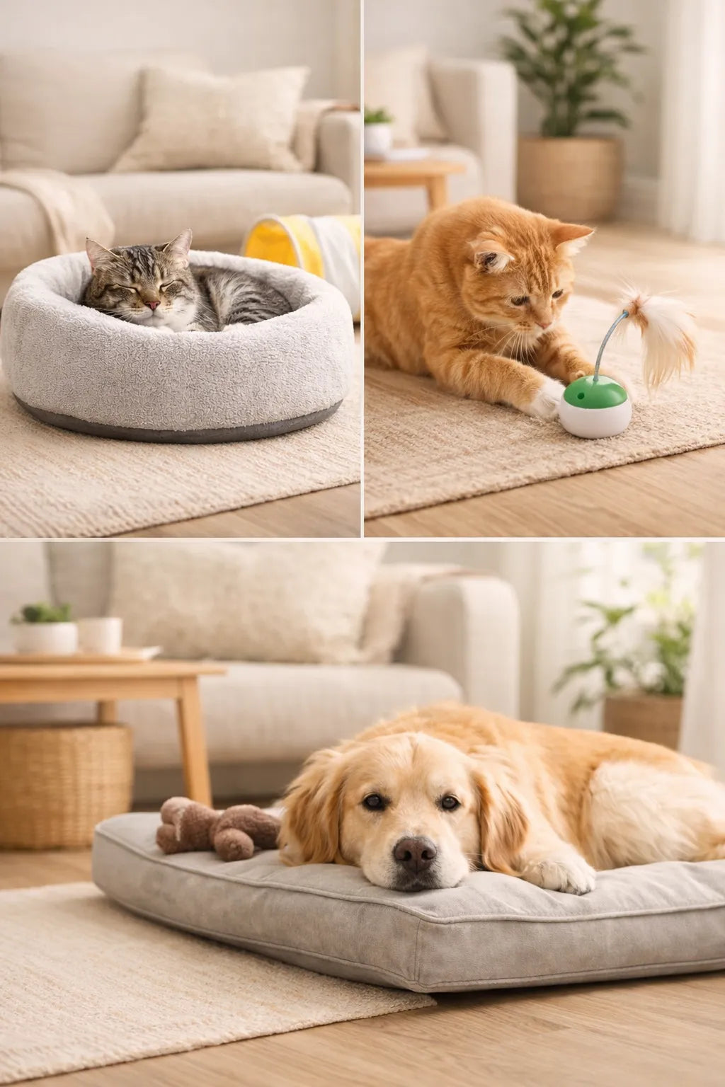 Tabby cats and a golden retriever enjoying cozy cat beds and interactive toys in a warm indoor setting, illustrating V1talpetz's focus on comfort and playful pets.