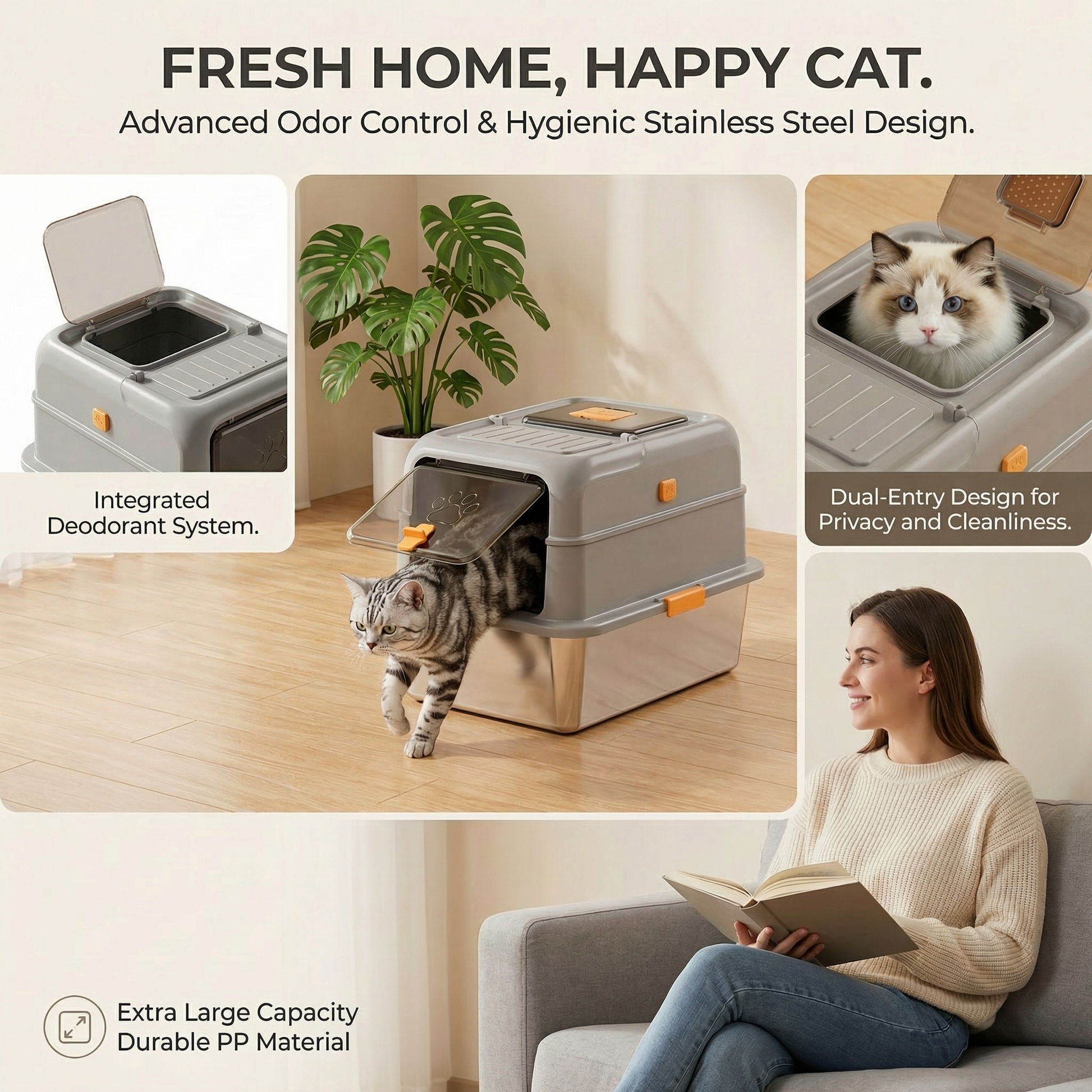anti-scatter cat litter box with paw mat