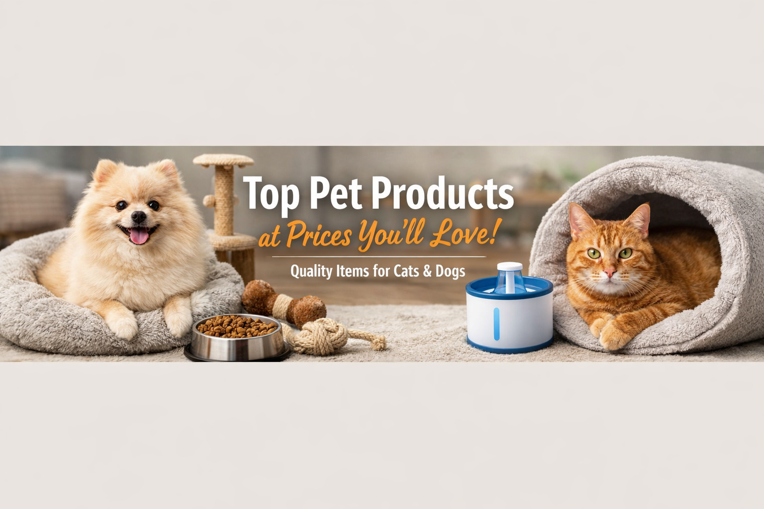 Cozy indoor living room with a cat on a cat bed and a dog on a large dog bed, showing comfort and interactive play for indoor pets.