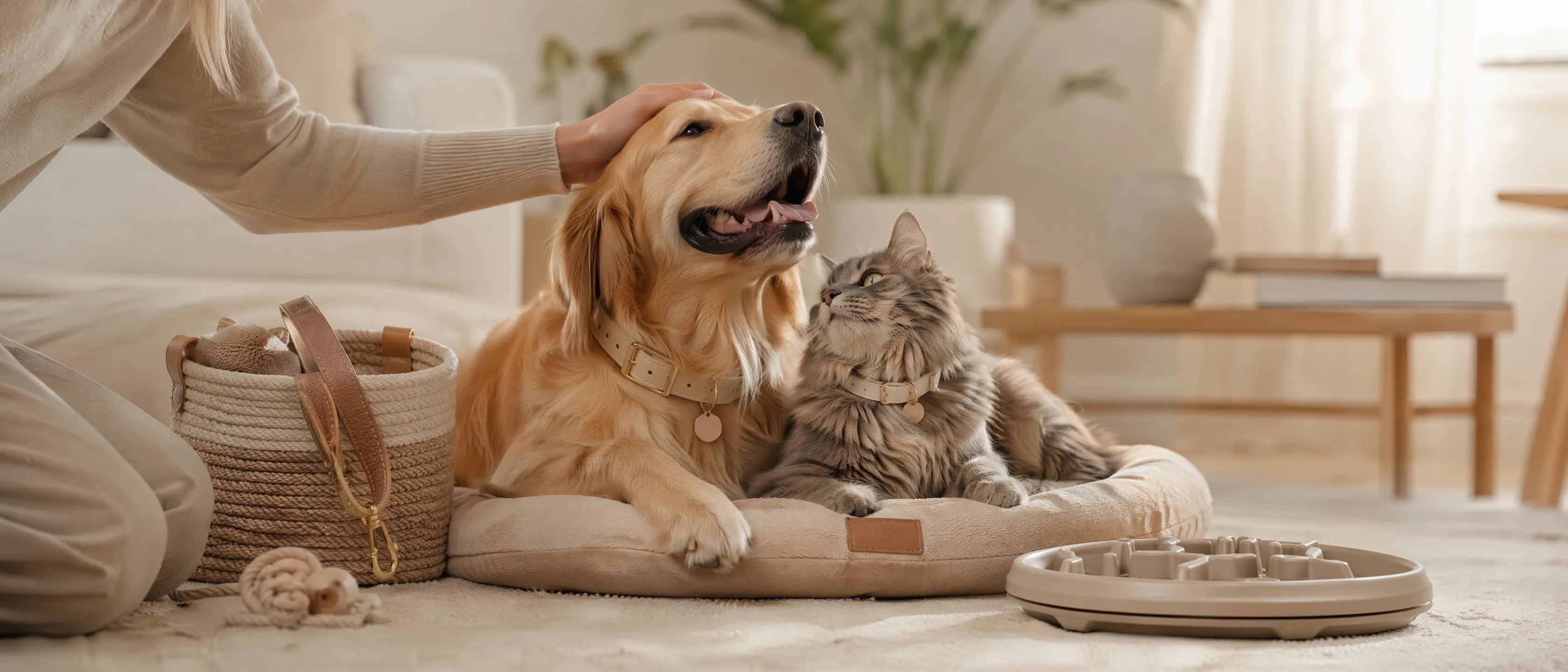 Cozy indoor living room with a cat on a cat bed and a dog on a large dog bed, showing comfort and interactive play for indoor pets.