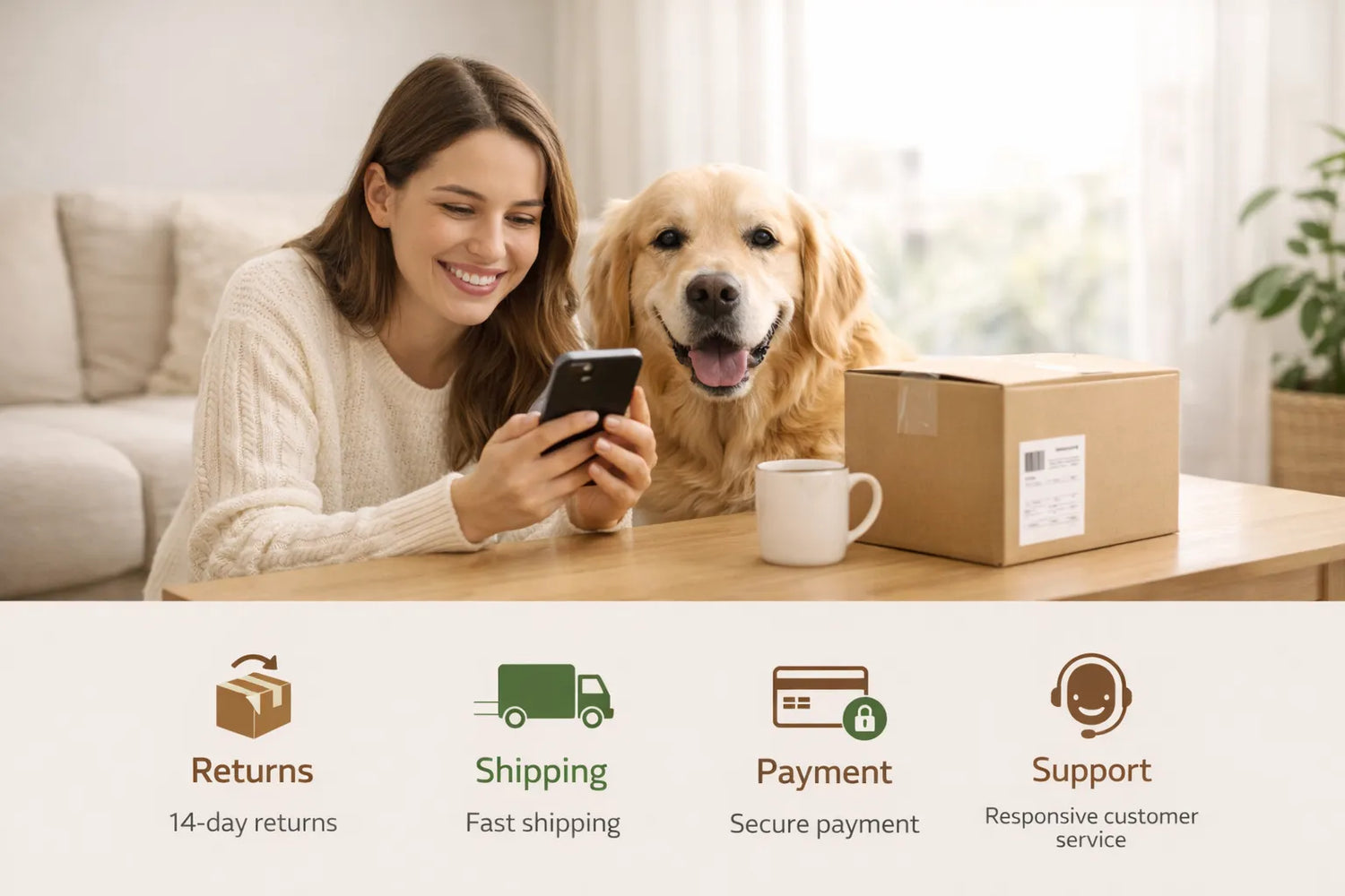 Happy customer with a golden retriever and cat, surrounded by pet beds and toys, showing satisfaction with fast shipping, secure payment, and responsive support.