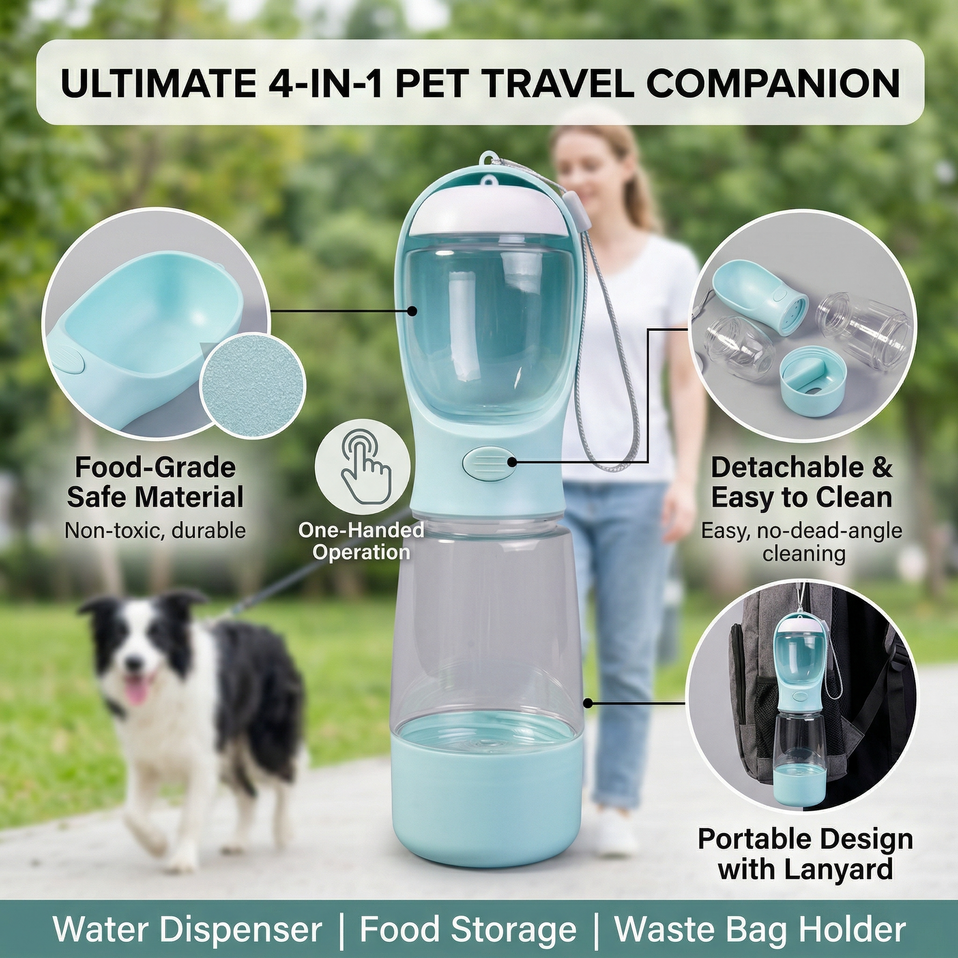 Portable Dog Water Bottle 4-in-1 – Leakproof Dog Travel Water